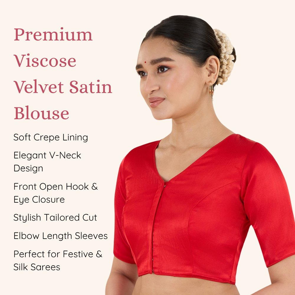Studio Shringaar Women's Red Premium Soft Viscose Velvet Satin Readymade Saree Blouse In Rich Silky Colours (Design 3013)