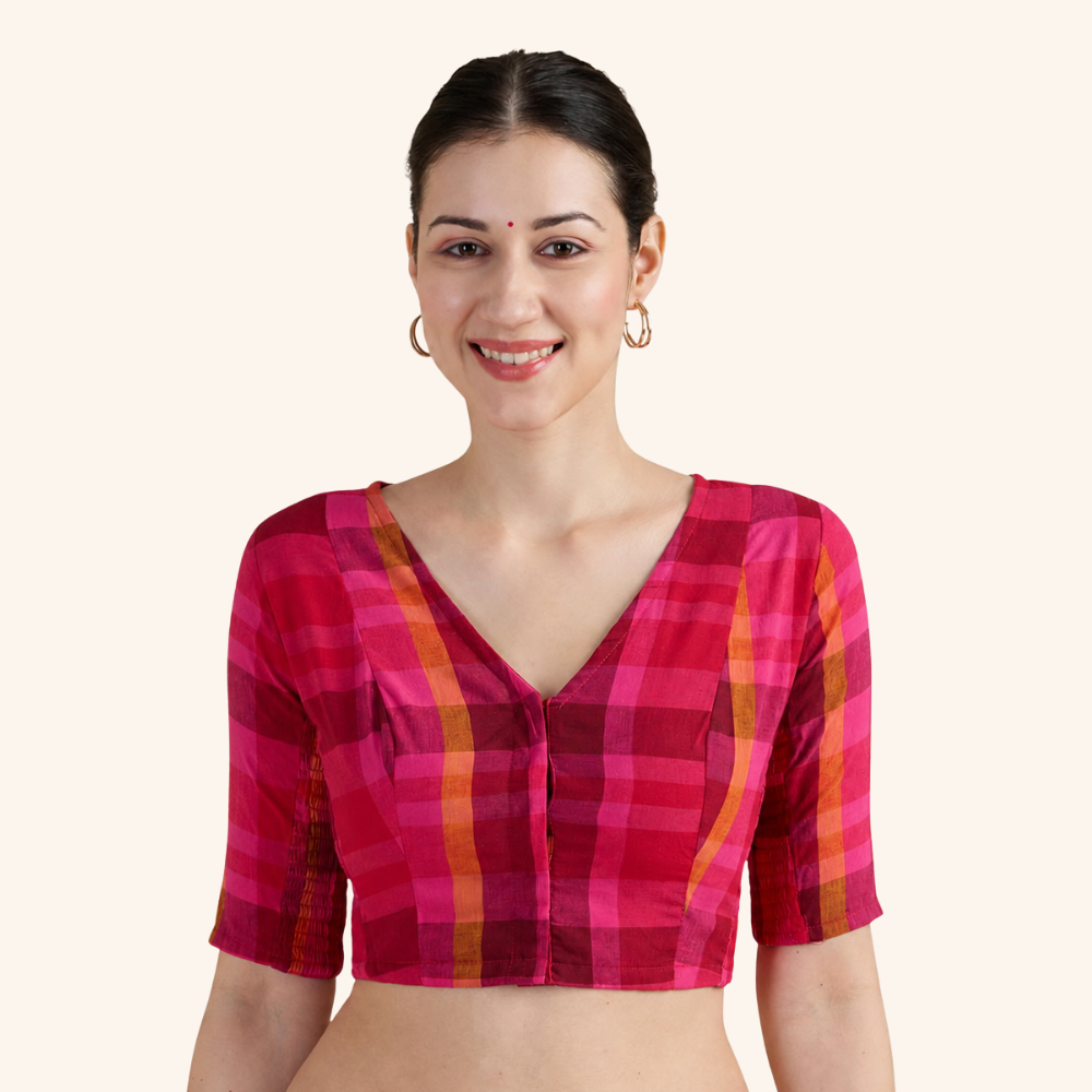 Studio Shringaar Women's Hot Pink Handloom Cotton Side Stretch ( Smocked ) Readymade Saree Blouse (Design 3019)