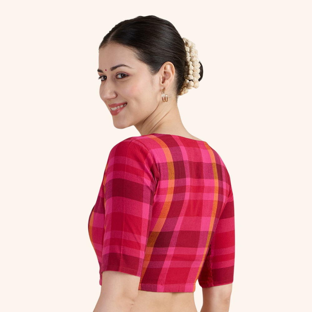 Studio Shringaar Women's Hot Pink Handloom Cotton Side Stretch ( Smocked ) Readymade Saree Blouse (Design 3019)