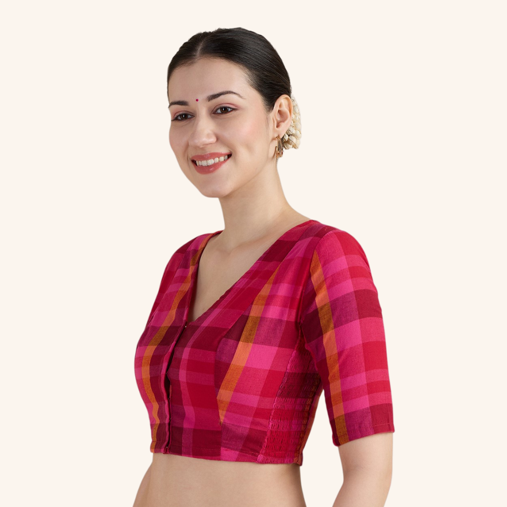 Studio Shringaar Women's Hot Pink Handloom Cotton Side Stretch ( Smocked ) Readymade Saree Blouse (Design 3019)