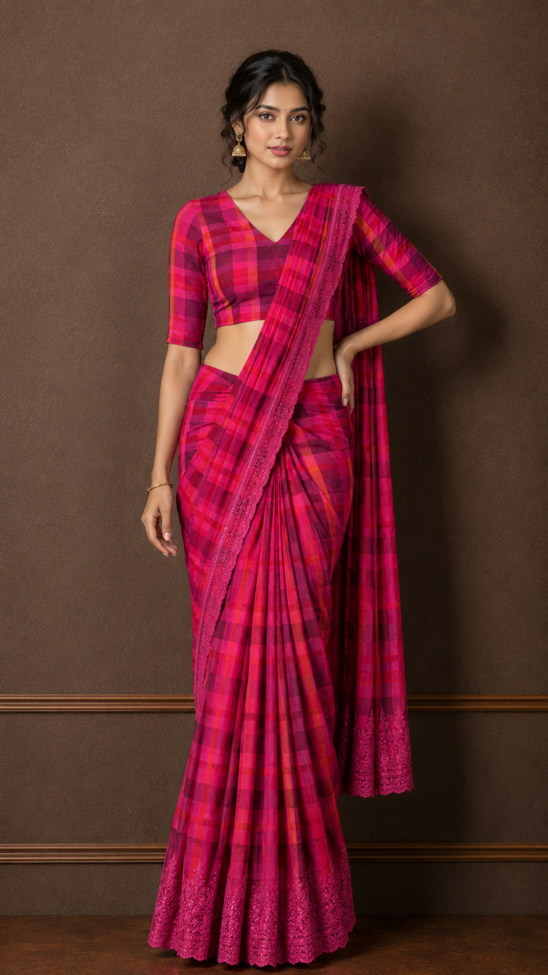 Studio Shringaar Women's Hot Pink Handloom Cotton Side Stretch ( Smocked ) Readymade Saree Blouse (Design 3019)