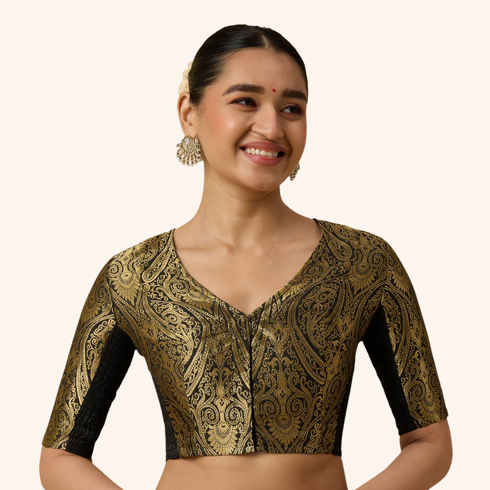 Studio Shringaar Women's Black Brocade Side Stretch ( Smocked ) Readymade Saree Blouse (Design 3026)
