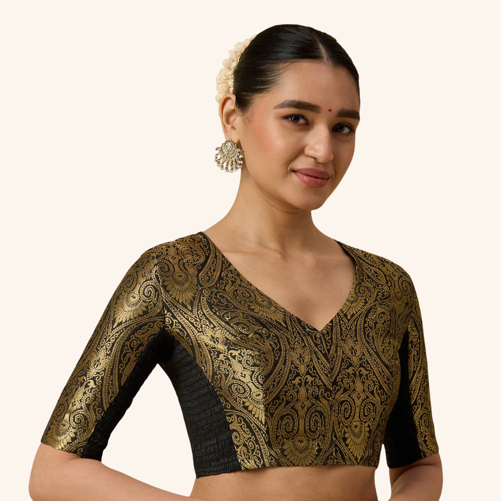 Studio Shringaar Women's Black Brocade Side Stretch ( Smocked ) Readymade Saree Blouse (Design 3026)
