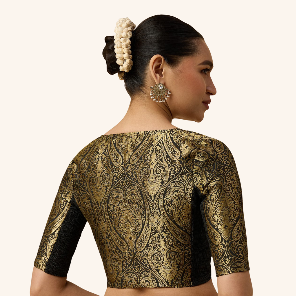 Studio Shringaar Women's Black Brocade Side Stretch ( Smocked ) Readymade Saree Blouse (Design 3026)