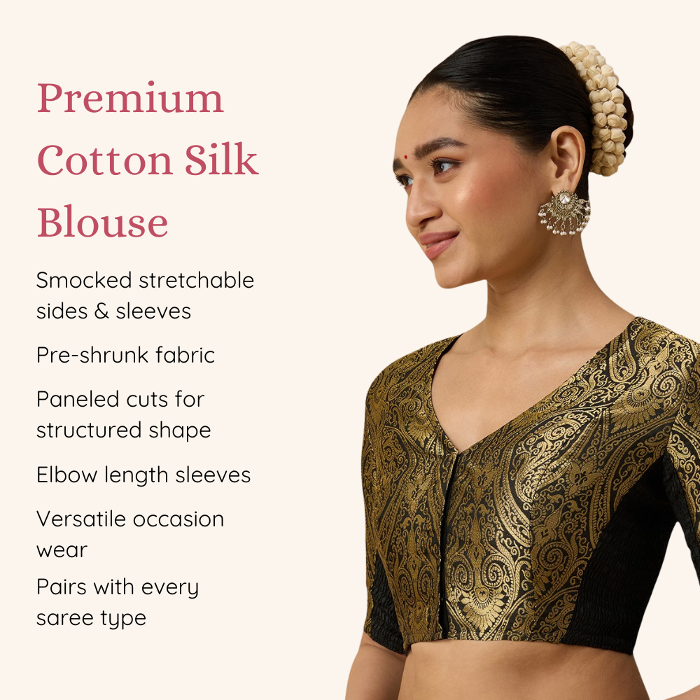 Studio Shringaar Women's Black Brocade Side Stretch ( Smocked ) Readymade Saree Blouse (Design 3026)