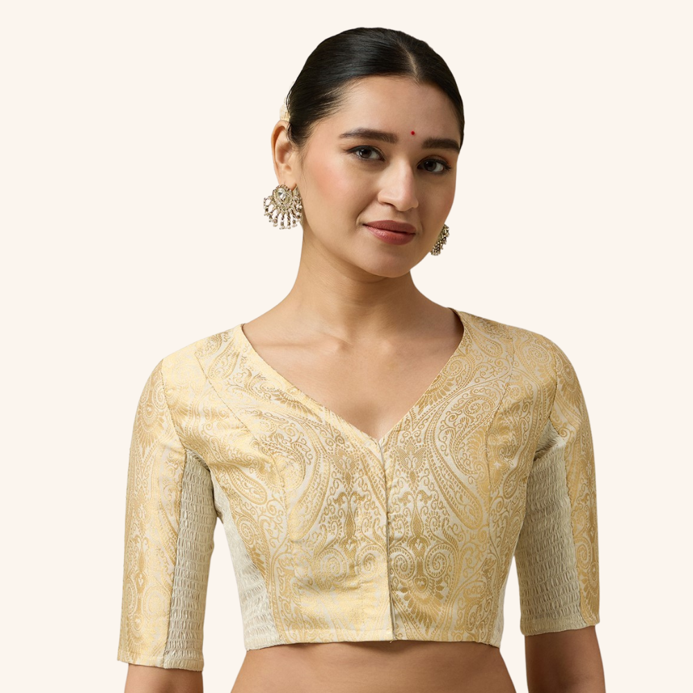 Studio Shringaar Women's Cream Brocade Side Stretch ( Smocked ) Readymade Saree Blouse (Design 3026)