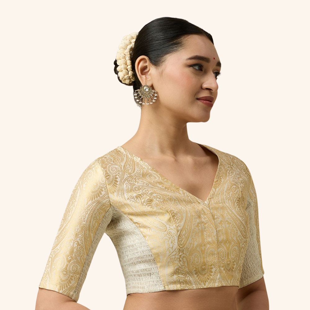 Studio Shringaar Women's Cream Brocade Side Stretch ( Smocked ) Readymade Saree Blouse (Design 3026)