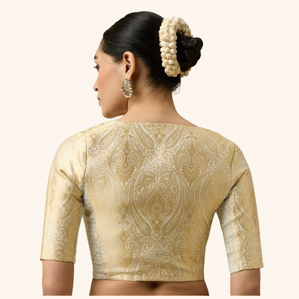 Studio Shringaar Women's Cream Brocade Side Stretch ( Smocked ) Readymade Saree Blouse (Design 3026)