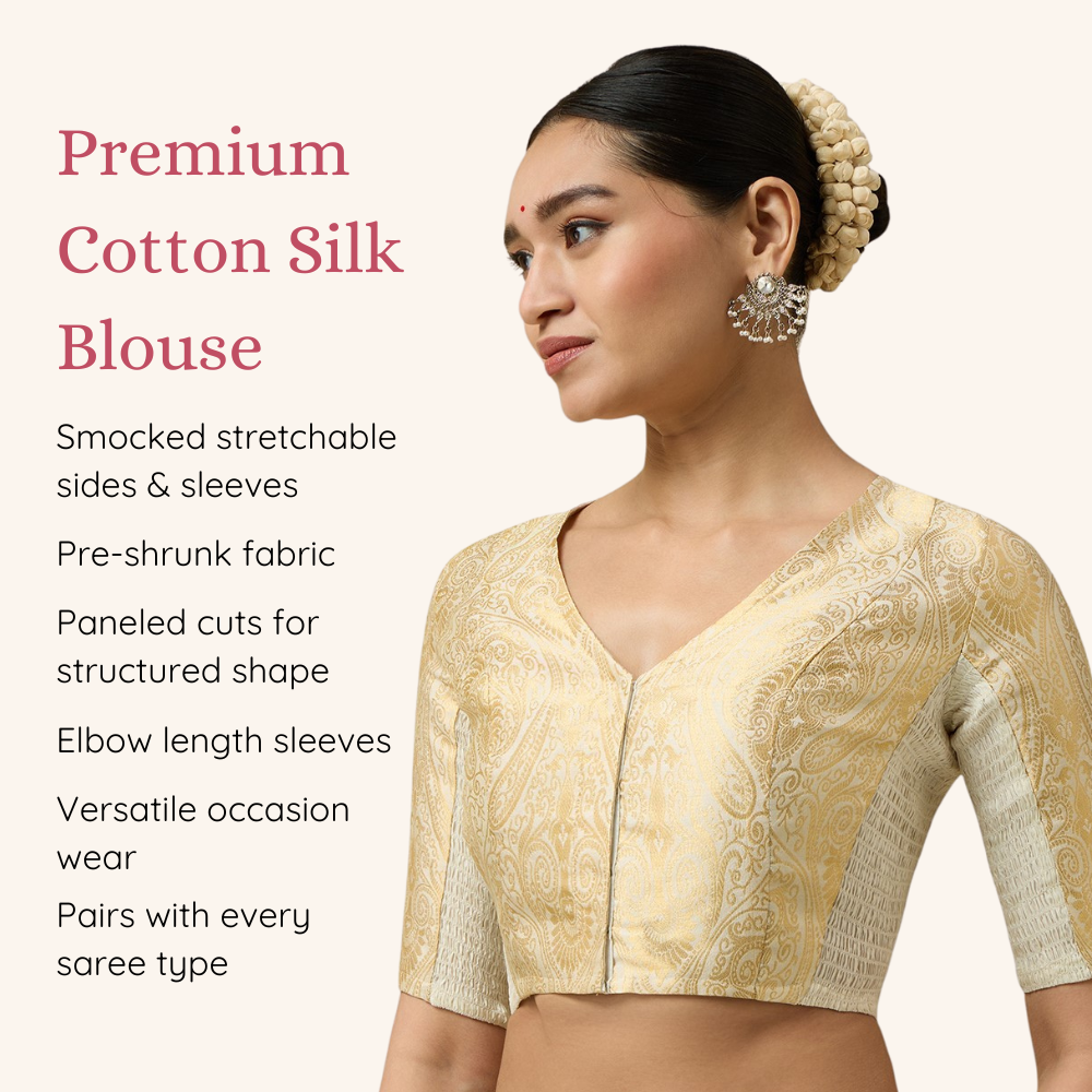 Studio Shringaar Women's Cream Brocade Side Stretch ( Smocked ) Readymade Saree Blouse (Design 3026)