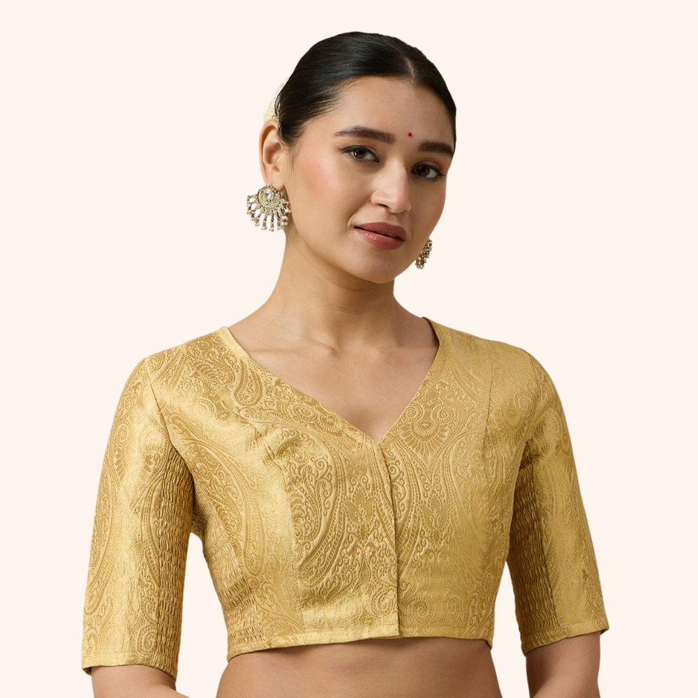 Studio Shringaar Women's Gold Brocade Side Stretch ( Smocked ) Readymade Saree Blouse (Design 3026)