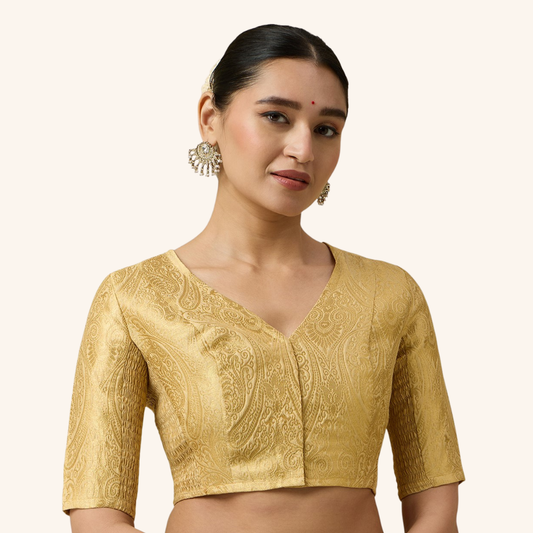 Studio Shringaar Women's Gold Brocade Side Stretch ( Smocked ) Readymade Saree Blouse (Design 3026)