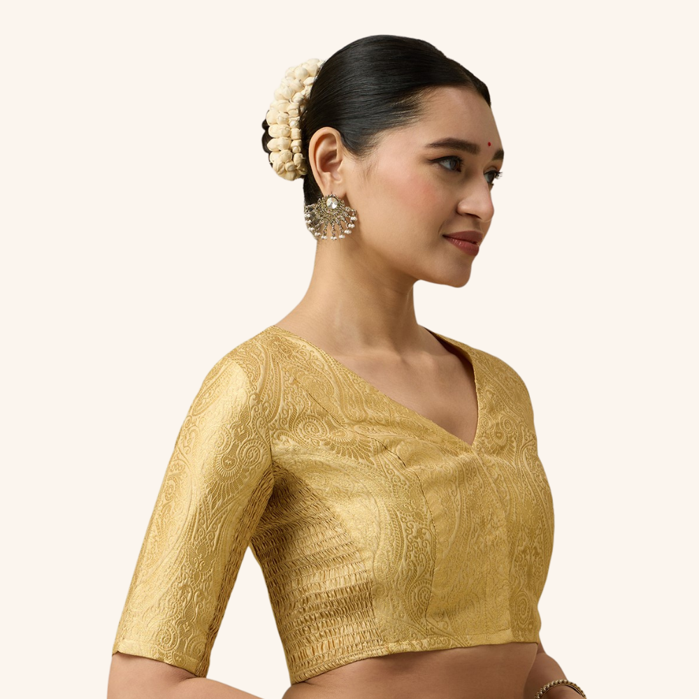 Studio Shringaar Women's Gold Brocade Side Stretch ( Smocked ) Readymade Saree Blouse (Design 3026)