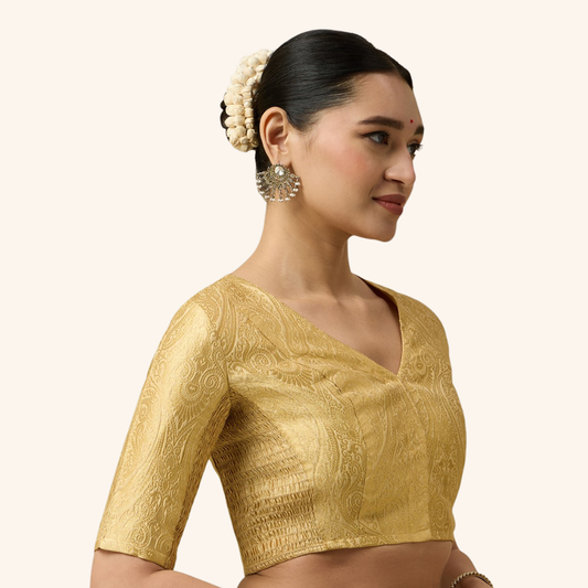 Studio Shringaar Women's Gold Brocade Side Stretch ( Smocked ) Readymade Saree Blouse (Design 3026)