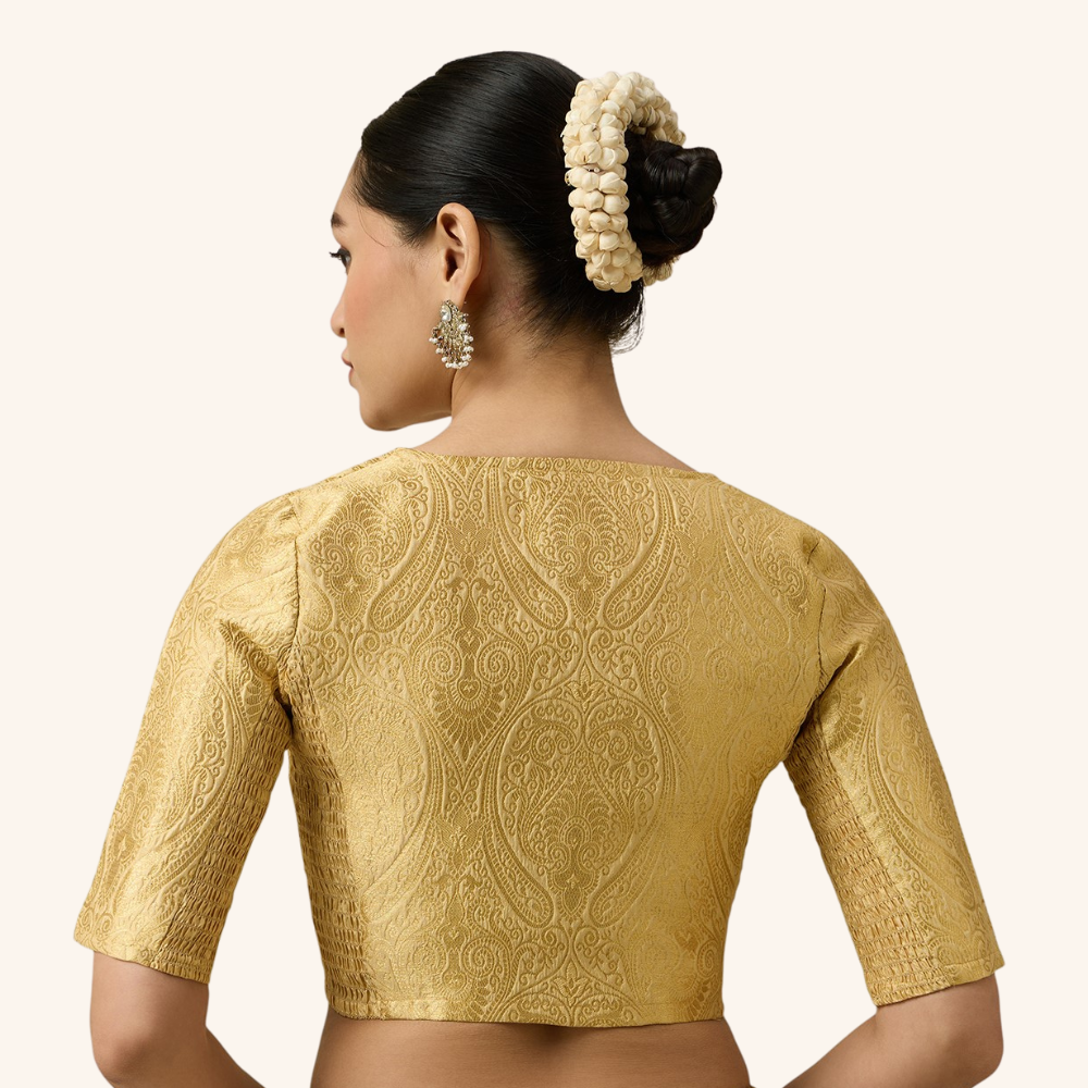 Studio Shringaar Women's Gold Brocade Side Stretch ( Smocked ) Readymade Saree Blouse (Design 3026)