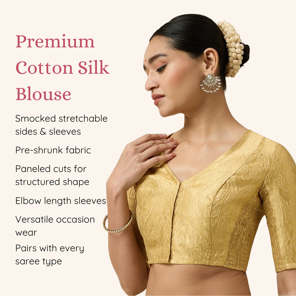 Studio Shringaar Women's Gold Brocade Side Stretch ( Smocked ) Readymade Saree Blouse (Design 3026)