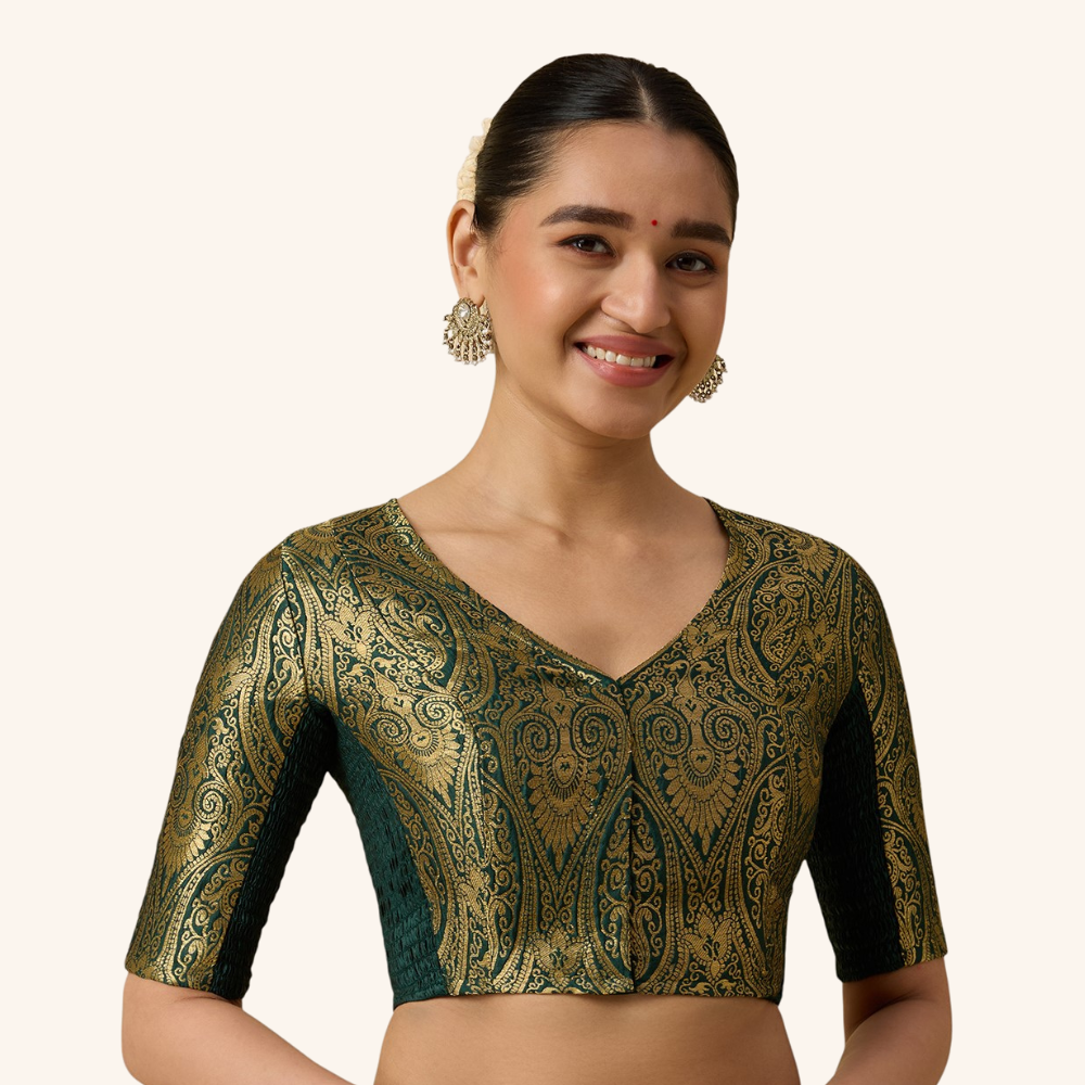 Studio Shringaar Women's Bottle Green Brocade Side Stretch ( Smocked ) Readymade Saree Blouse (Design 3026)