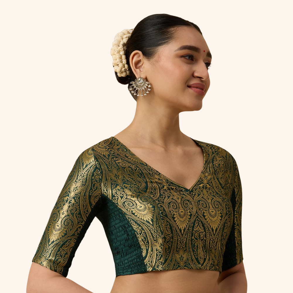 Studio Shringaar Women's Bottle Green Brocade Side Stretch ( Smocked ) Readymade Saree Blouse (Design 3026)