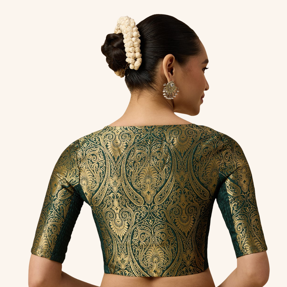 Studio Shringaar Women's Bottle Green Brocade Side Stretch ( Smocked ) Readymade Saree Blouse (Design 3026)