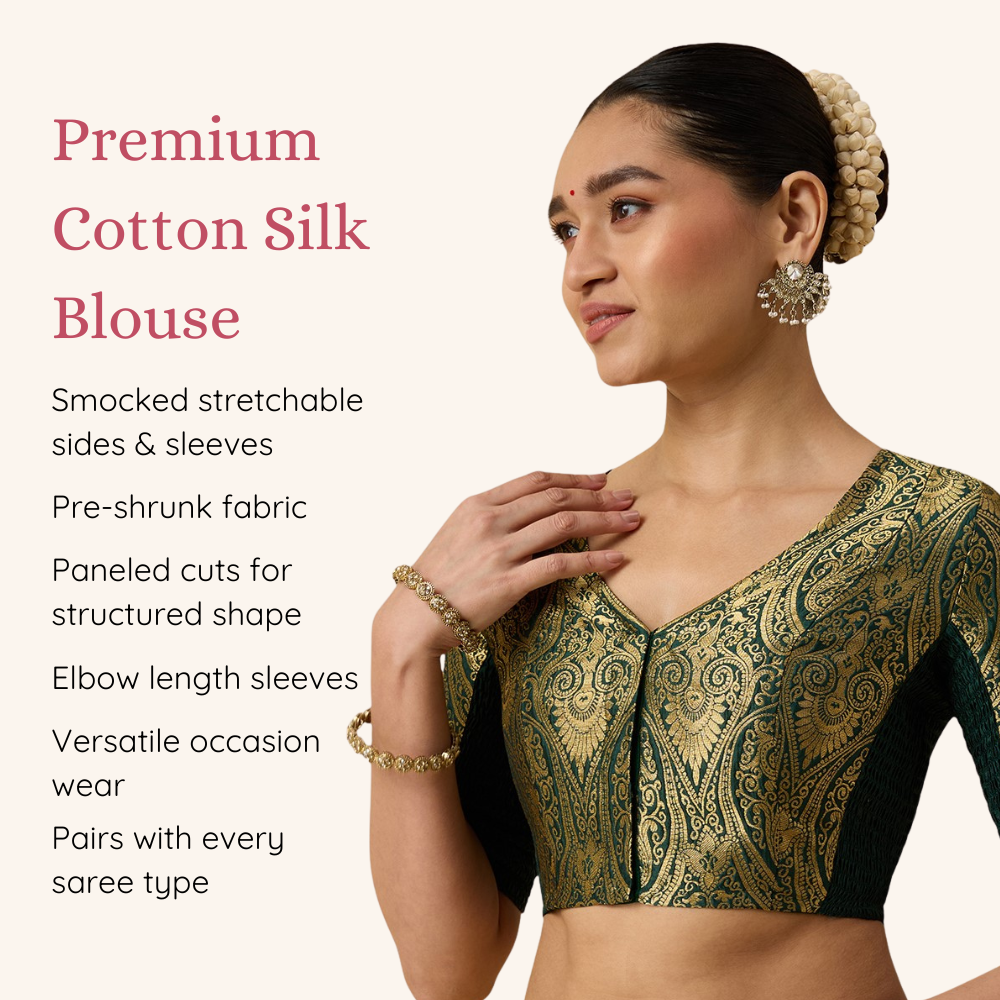 Studio Shringaar Women's Bottle Green Brocade Side Stretch ( Smocked ) Readymade Saree Blouse (Design 3026)