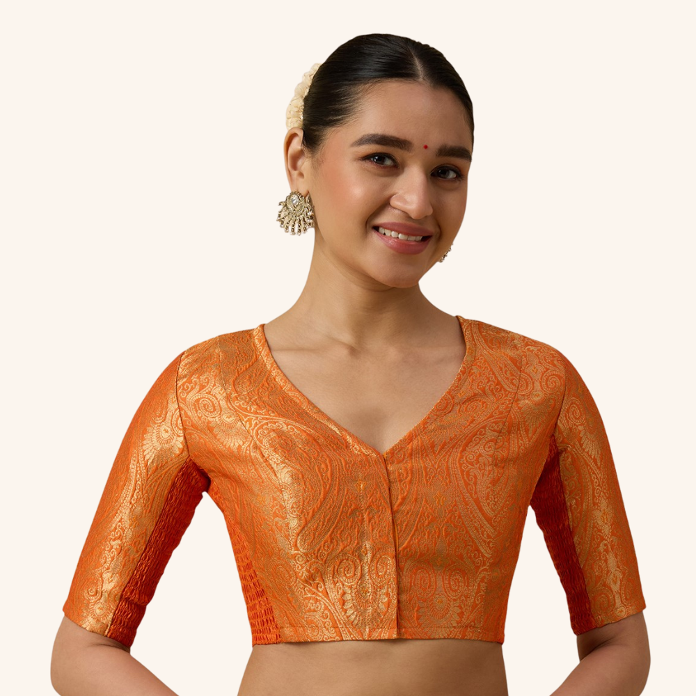 Studio Shringaar Women's Orange Brocade Side Stretch ( Smocked ) Readymade Saree Blouse (Design 3026)