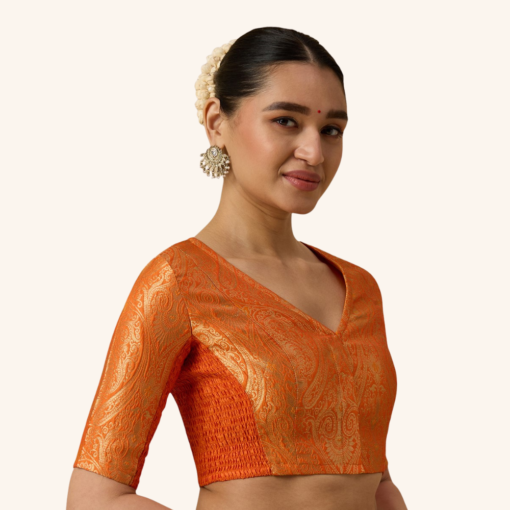 Studio Shringaar Women's Orange Brocade Side Stretch ( Smocked ) Readymade Saree Blouse (Design 3026)
