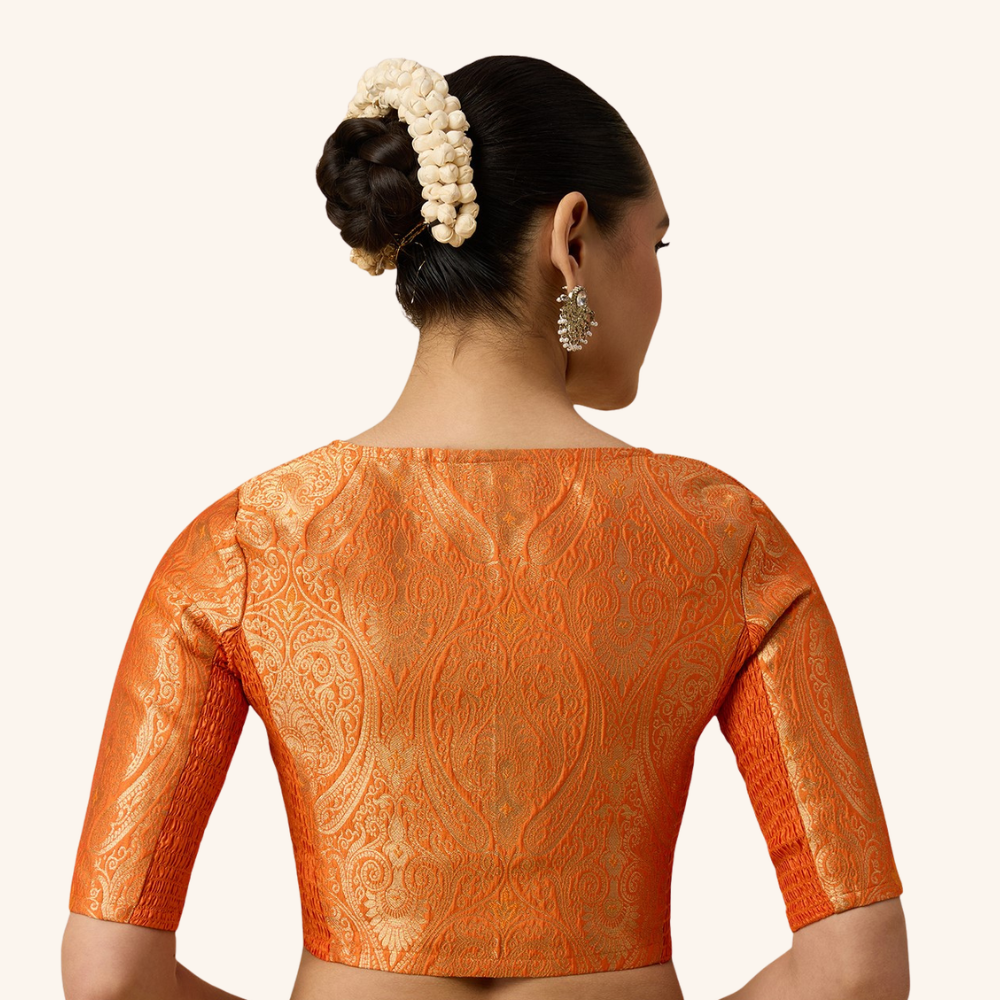 Studio Shringaar Women's Orange Brocade Side Stretch ( Smocked ) Readymade Saree Blouse (Design 3026)