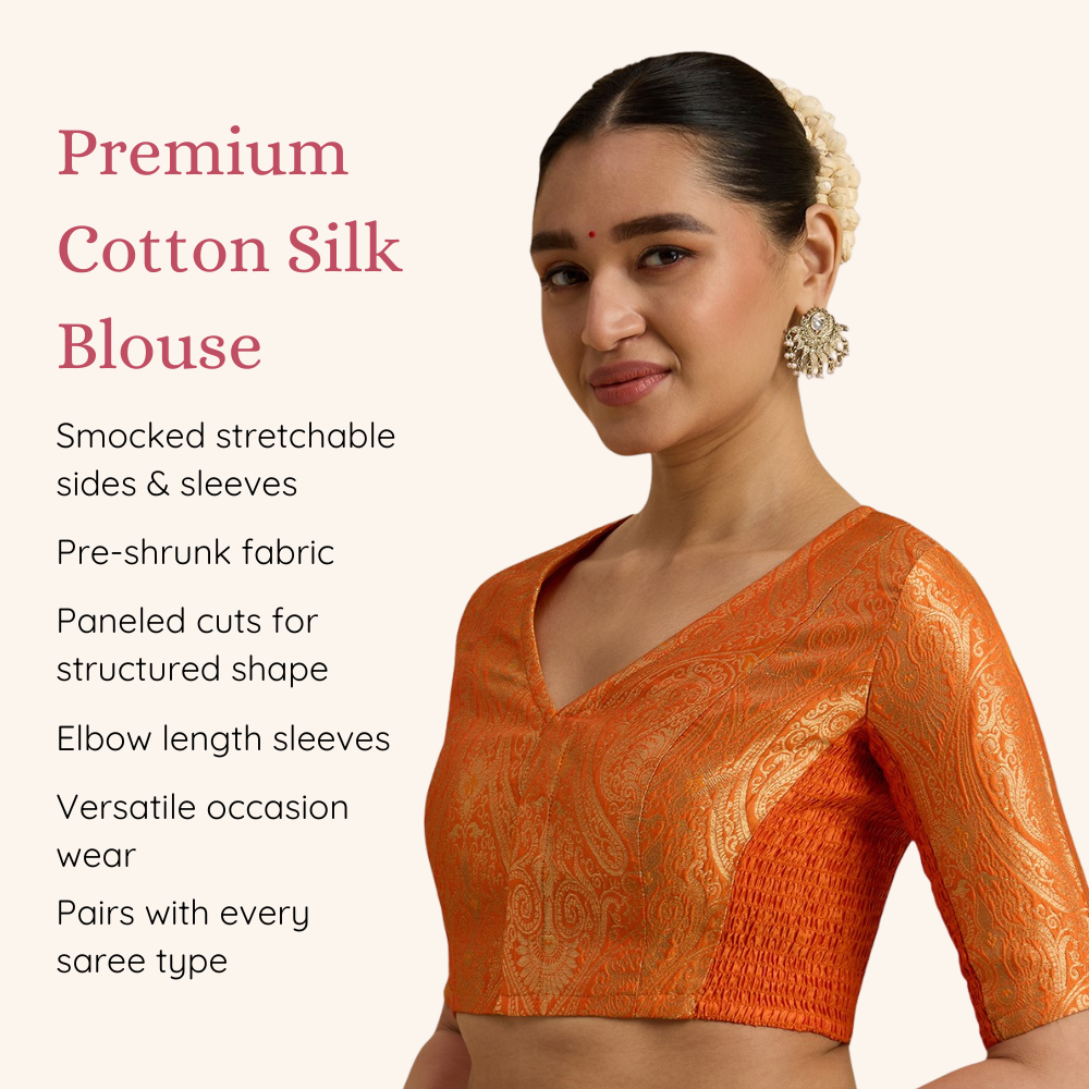 Studio Shringaar Women's Orange Brocade Side Stretch ( Smocked ) Readymade Saree Blouse (Design 3026)