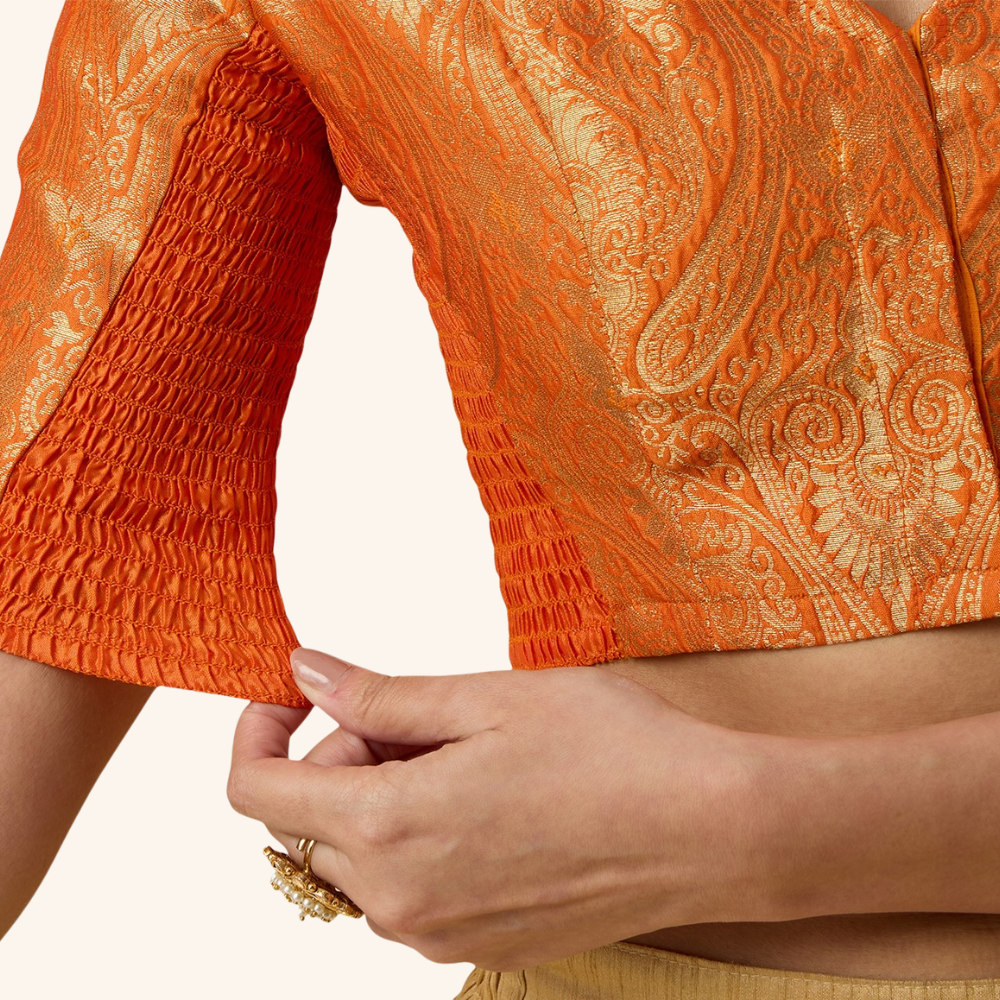 Studio Shringaar Women's Orange Brocade Side Stretch ( Smocked ) Readymade Saree Blouse (Design 3026)