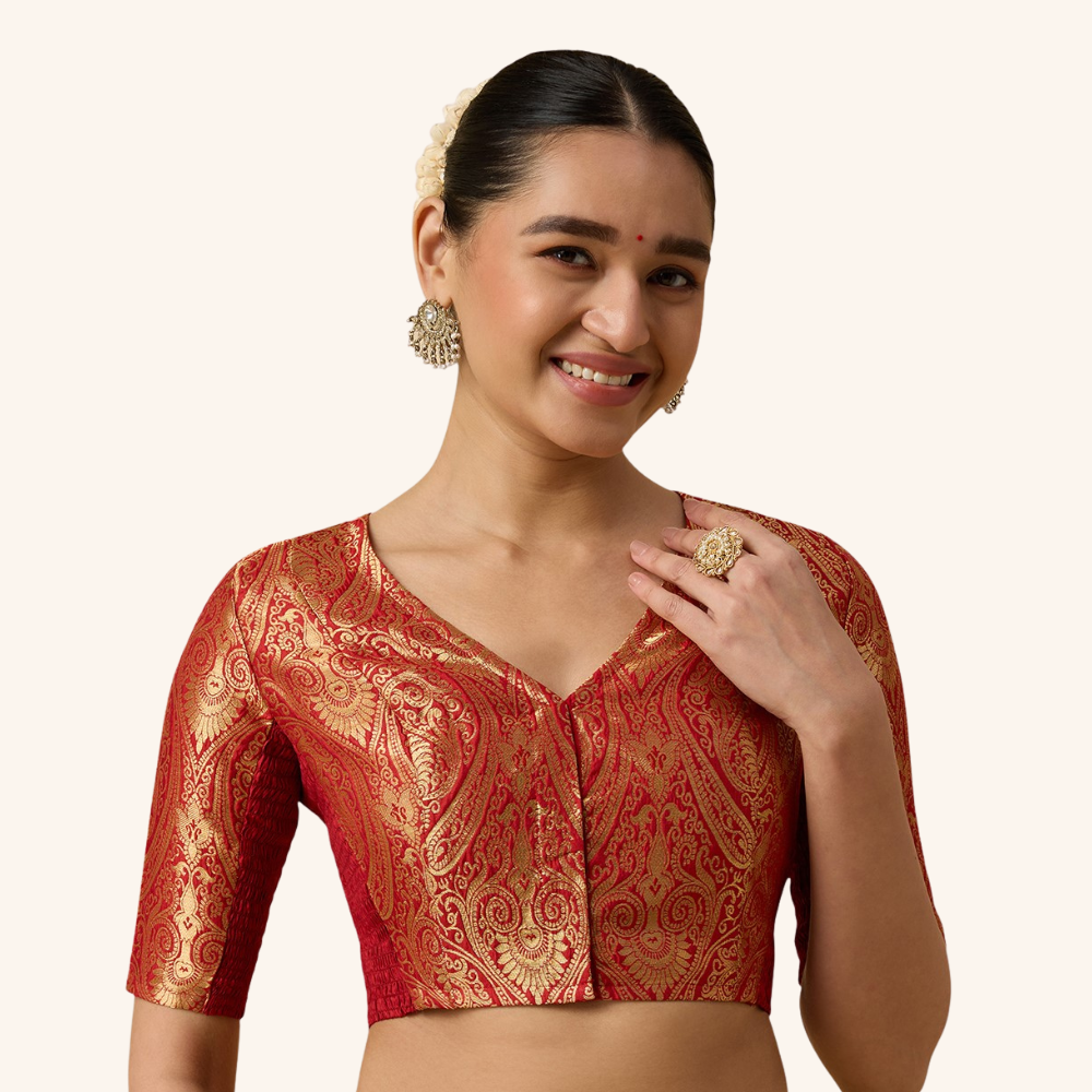 Studio Shringaar Women's Red Brocade Side Stretch ( Smocked ) Readymade Saree Blouse (Design 3026)