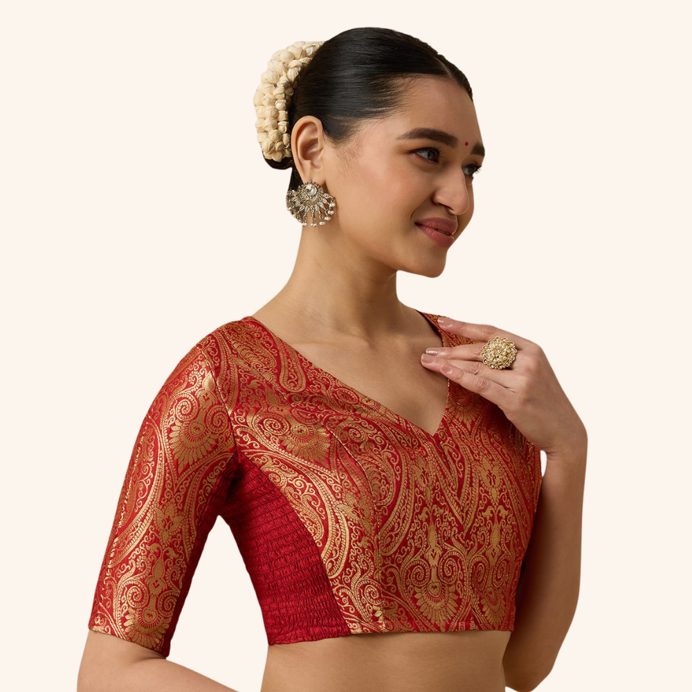 Studio Shringaar Women's Red Brocade Side Stretch ( Smocked ) Readymade Saree Blouse (Design 3026)