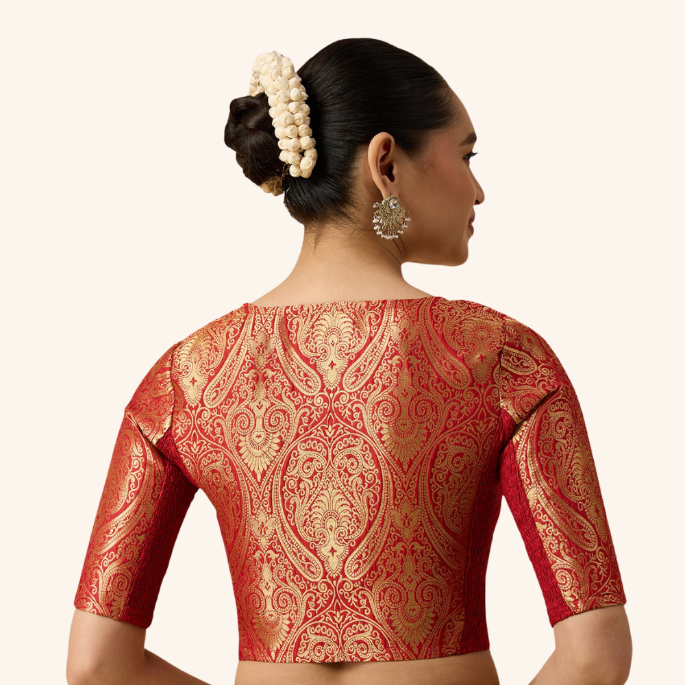 Studio Shringaar Women's Red Brocade Side Stretch ( Smocked ) Readymade Saree Blouse (Design 3026)