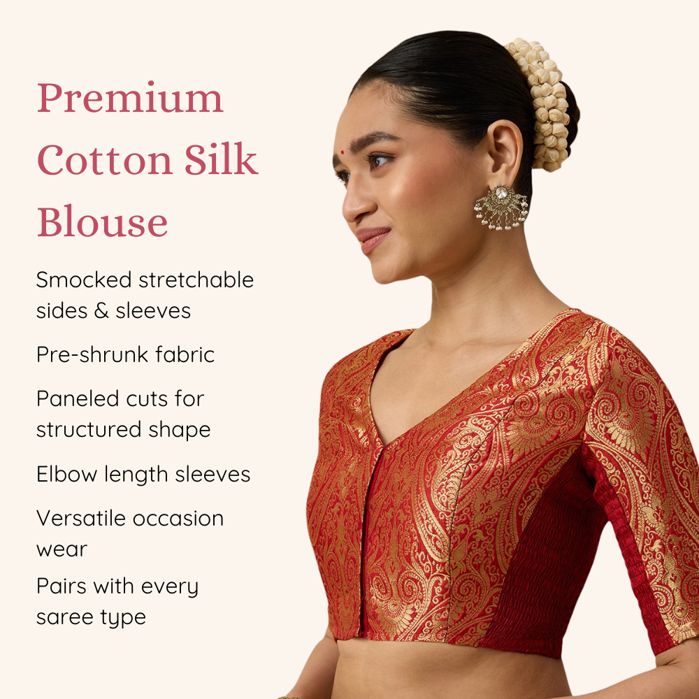 Studio Shringaar Women's Red Brocade Side Stretch ( Smocked ) Readymade Saree Blouse (Design 3026)