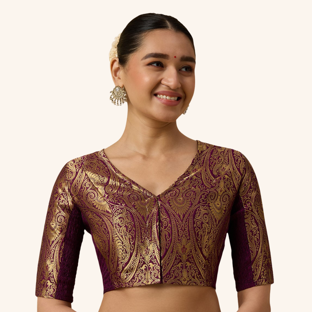 Studio Shringaar Women's Wine Brocade Side Stretch ( Smocked ) Readymade Saree Blouse (Design 3026)