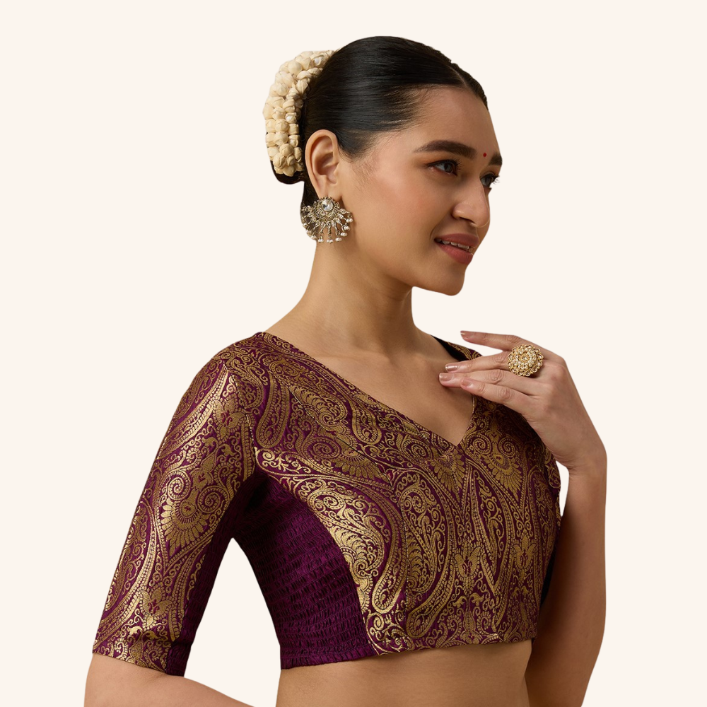 Studio Shringaar Women's Wine Brocade Side Stretch ( Smocked ) Readymade Saree Blouse (Design 3026)