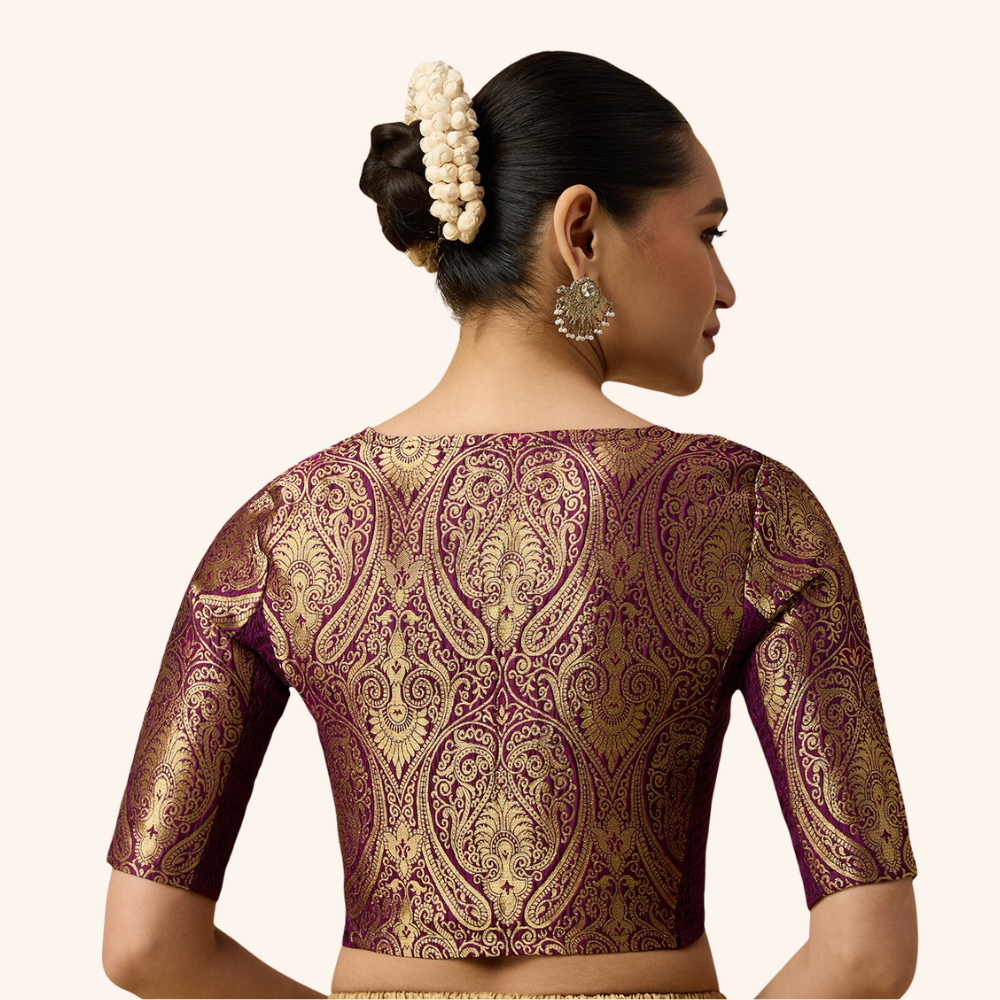 Studio Shringaar Women's Wine Brocade Side Stretch ( Smocked ) Readymade Saree Blouse (Design 3026)