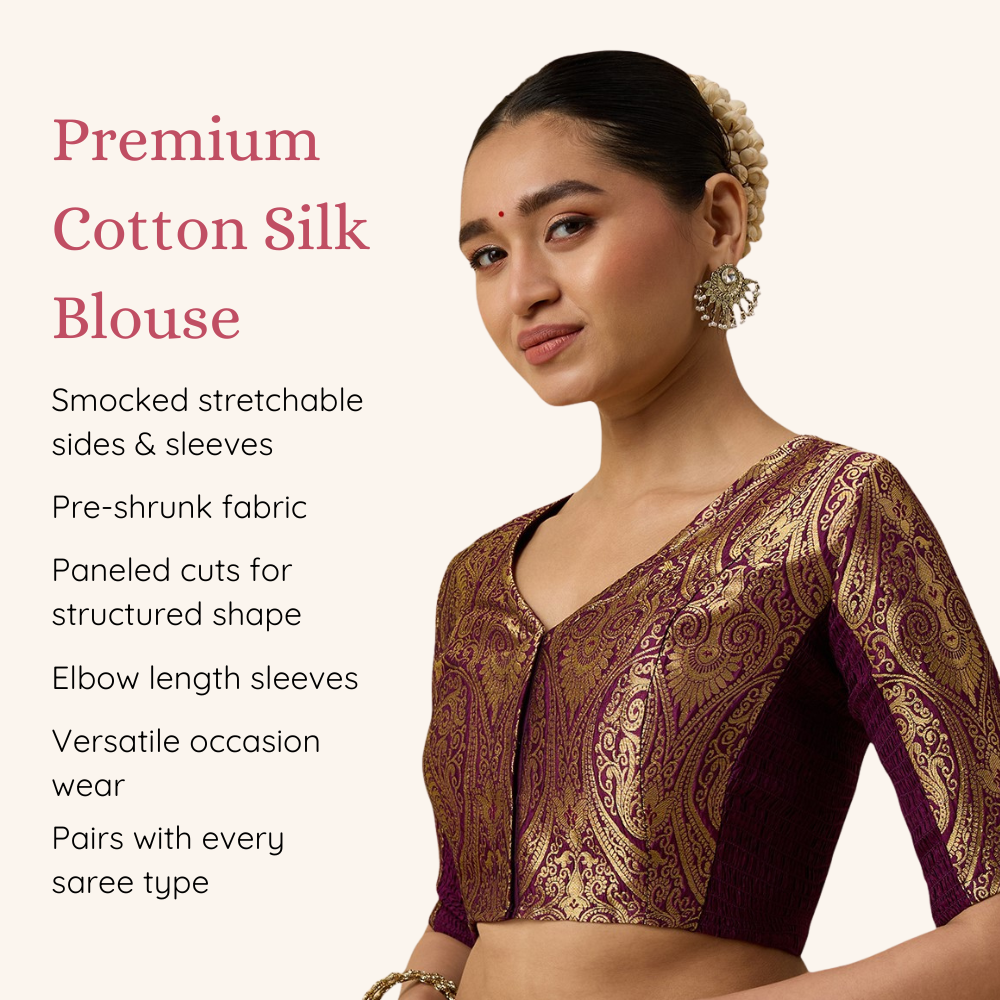 Studio Shringaar Women's Wine Brocade Side Stretch ( Smocked ) Readymade Saree Blouse (Design 3026)