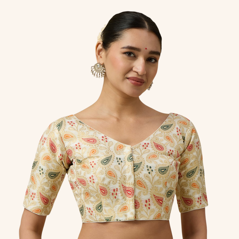 Studio Shringaar Women's Cream Paisley  Brocade Readymade Saree Blouse (Design 3028)