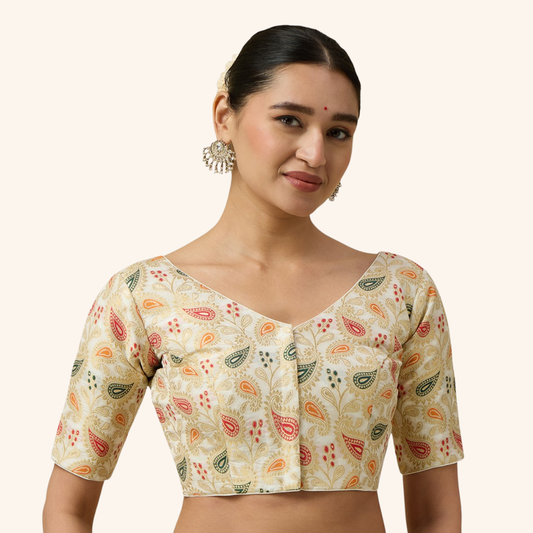 Studio Shringaar Women's Cream Paisley  Brocade Readymade Saree Blouse (Design 3028)