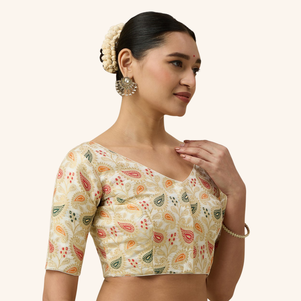 Studio Shringaar Women's Cream Paisley  Brocade Readymade Saree Blouse (Design 3028)
