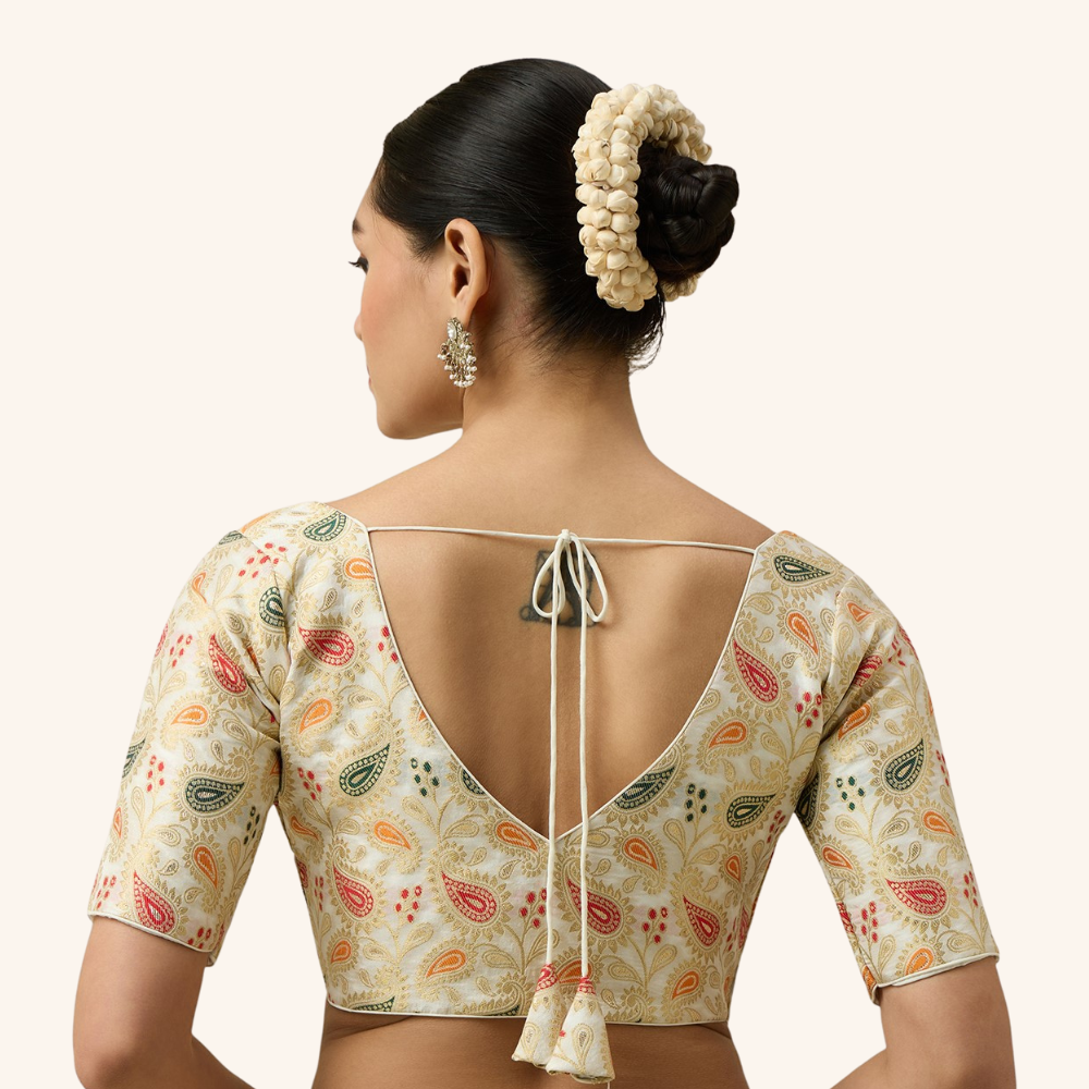 Studio Shringaar Women's Cream Paisley  Brocade Readymade Saree Blouse (Design 3028)