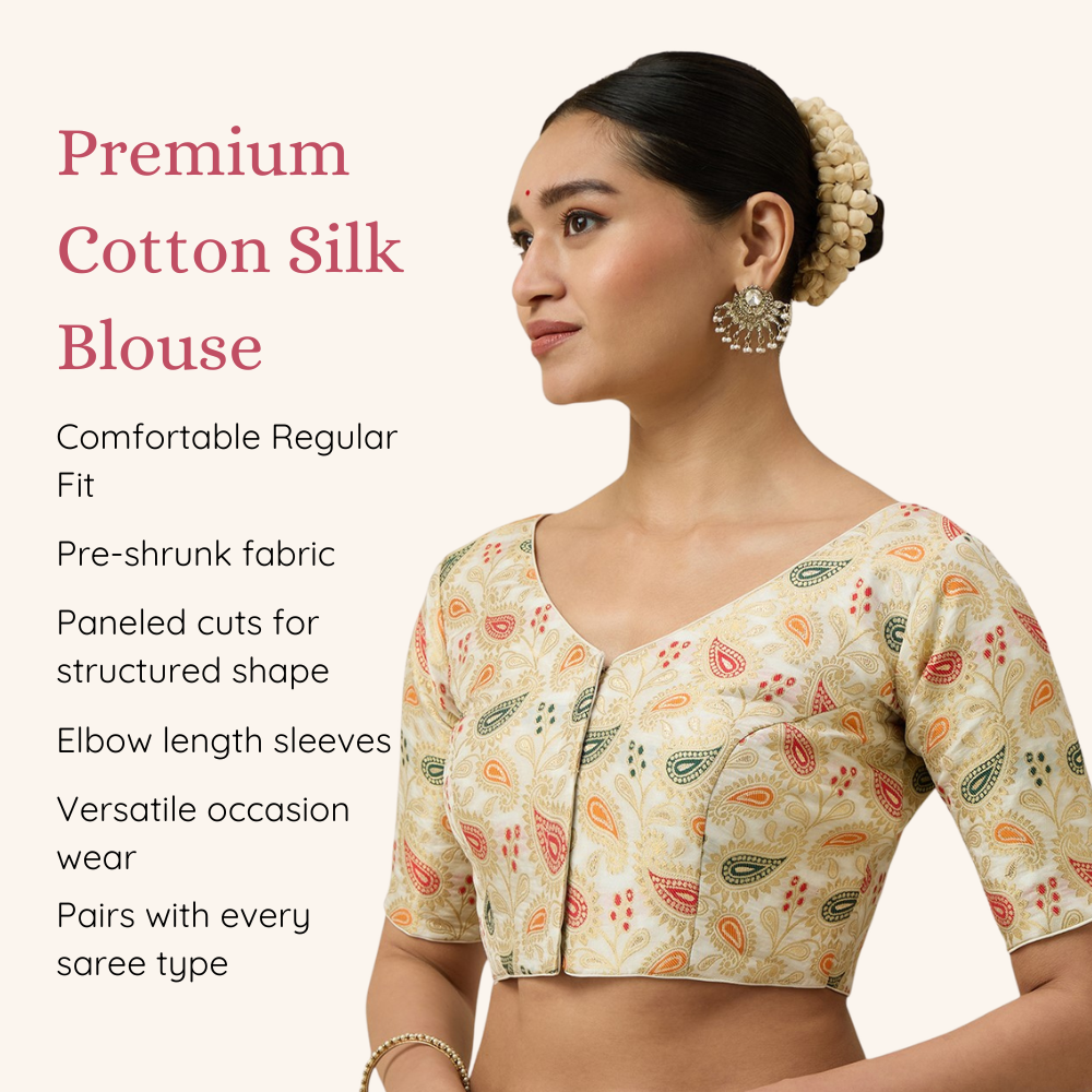 Studio Shringaar Women's Cream Paisley  Brocade Readymade Saree Blouse (Design 3028)