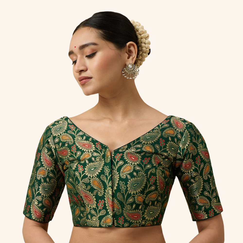 Studio Shringaar Women's Green Paisley  Brocade Readymade Saree Blouse (Design 3028)