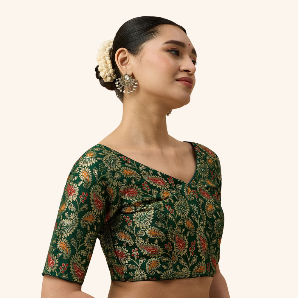 Studio Shringaar Women's Green Paisley  Brocade Readymade Saree Blouse (Design 3028)