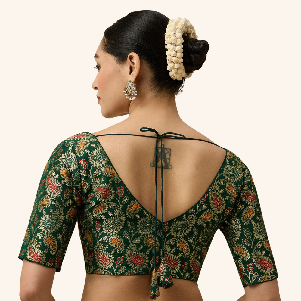 Studio Shringaar Women's Green Paisley  Brocade Readymade Saree Blouse (Design 3028)