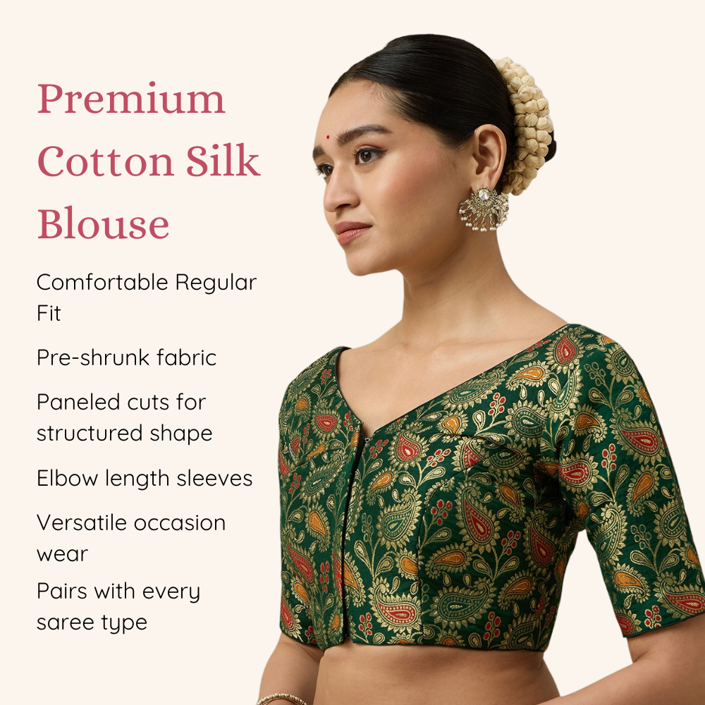 Studio Shringaar Women's Green Paisley  Brocade Readymade Saree Blouse (Design 3028)