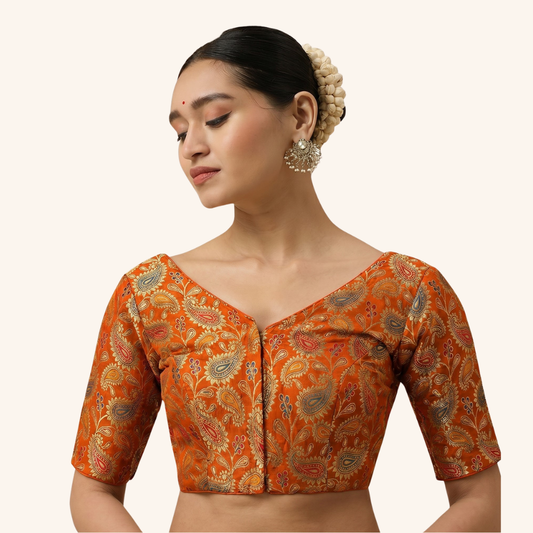 Studio Shringaar Women's Orange Paisley  Brocade Readymade Saree Blouse (Design 3028)