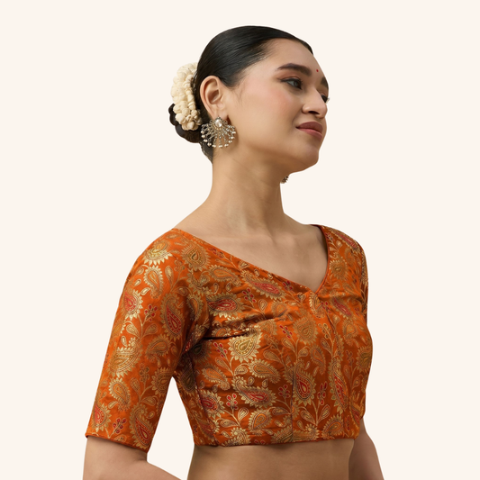 Studio Shringaar Women's Orange Paisley  Brocade Readymade Saree Blouse (Design 3028)