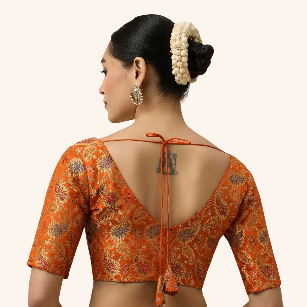 Studio Shringaar Women's Orange Paisley  Brocade Readymade Saree Blouse (Design 3028)