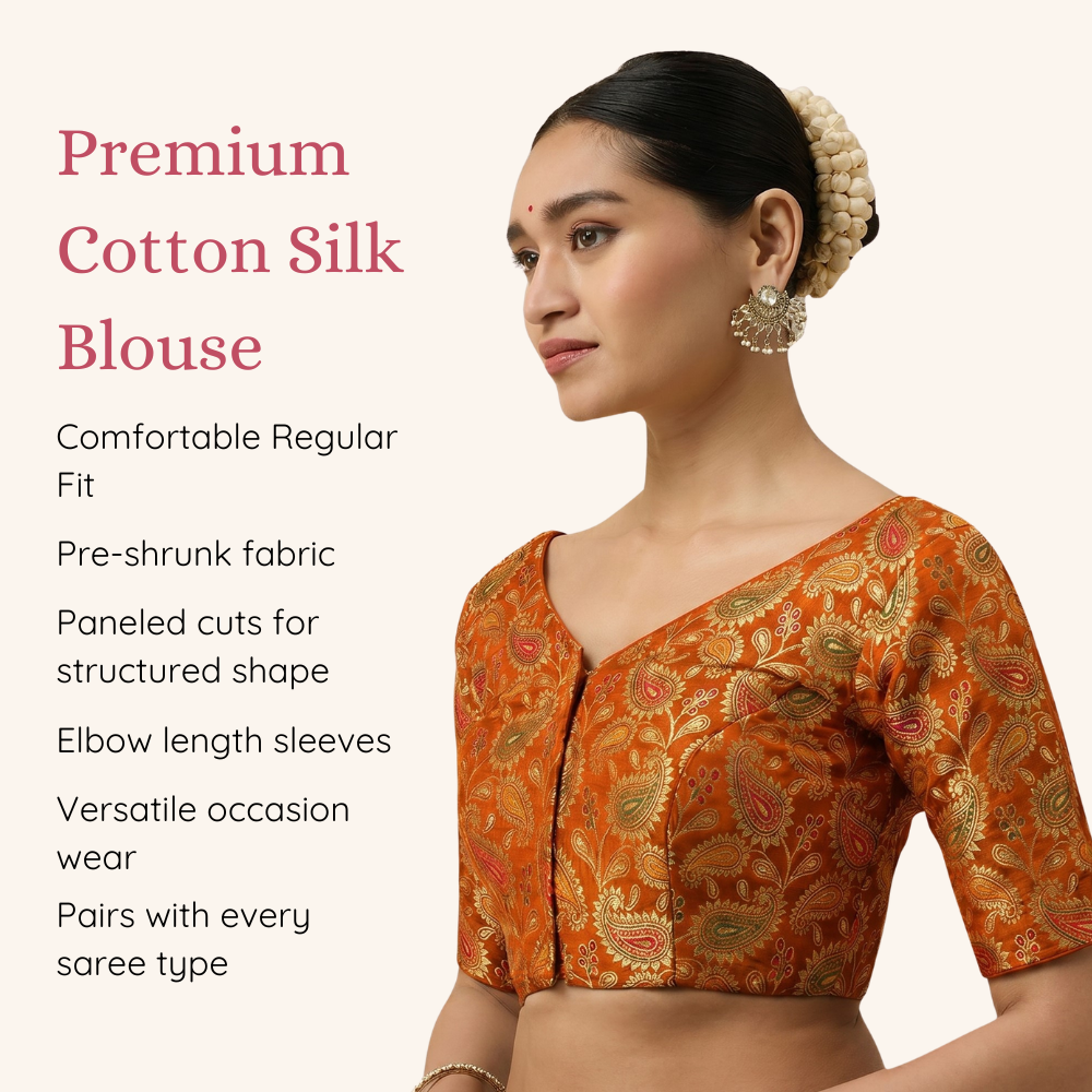 Studio Shringaar Women's Orange Paisley  Brocade Readymade Saree Blouse (Design 3028)