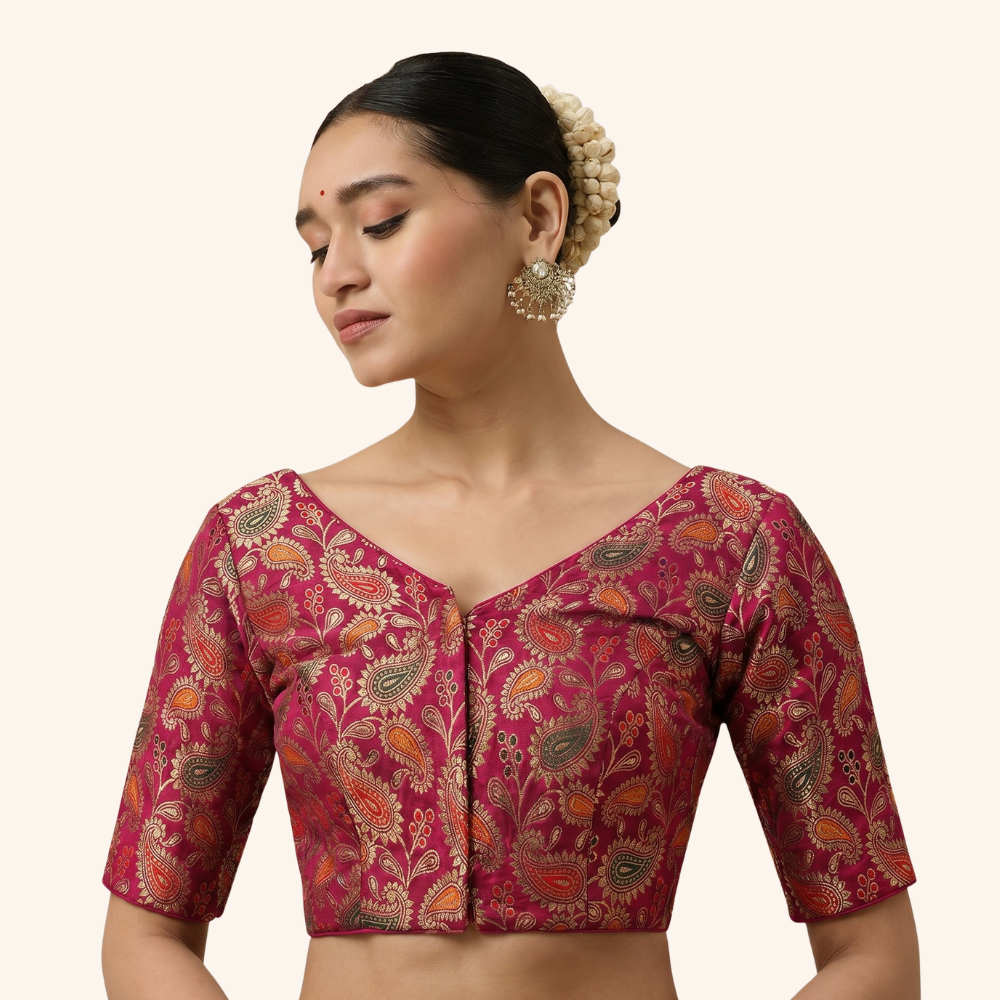 Studio Shringaar Women's Pink Paisley  Brocade Readymade Saree Blouse (Design 3028)